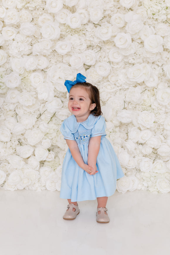 Kate Blue Rosette Dress – Graceful Kate Children Boutique